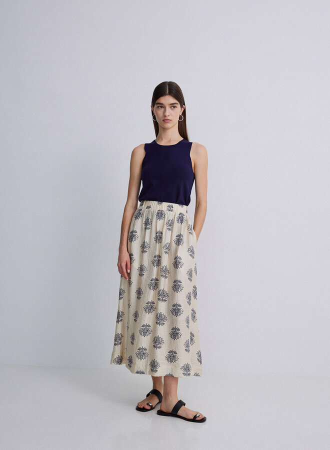 Jupe midi Yerse Danielle écrue fleurie bleu indigo