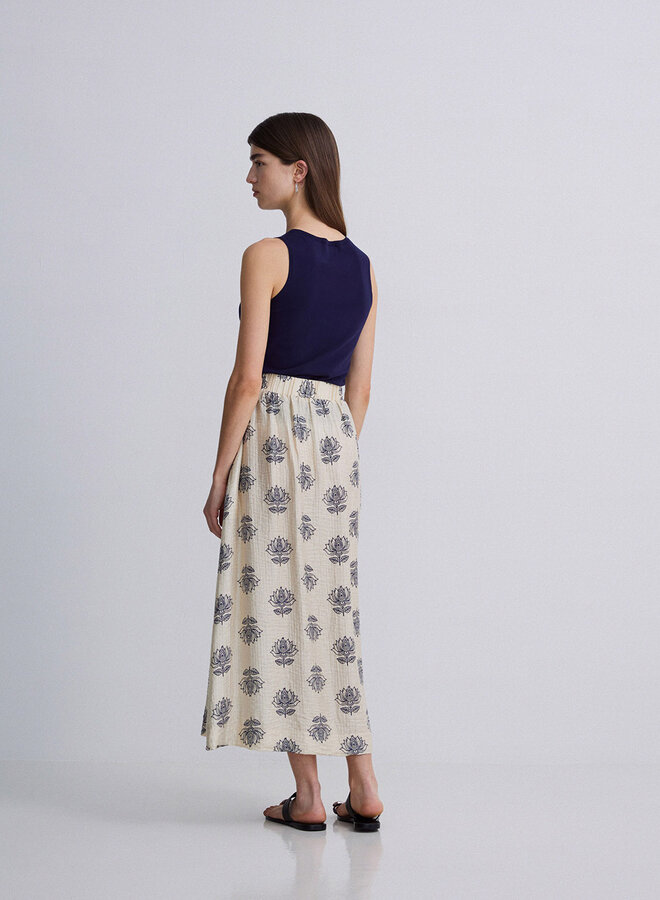 Jupe midi Yerse Danielle écrue fleurie bleu indigo