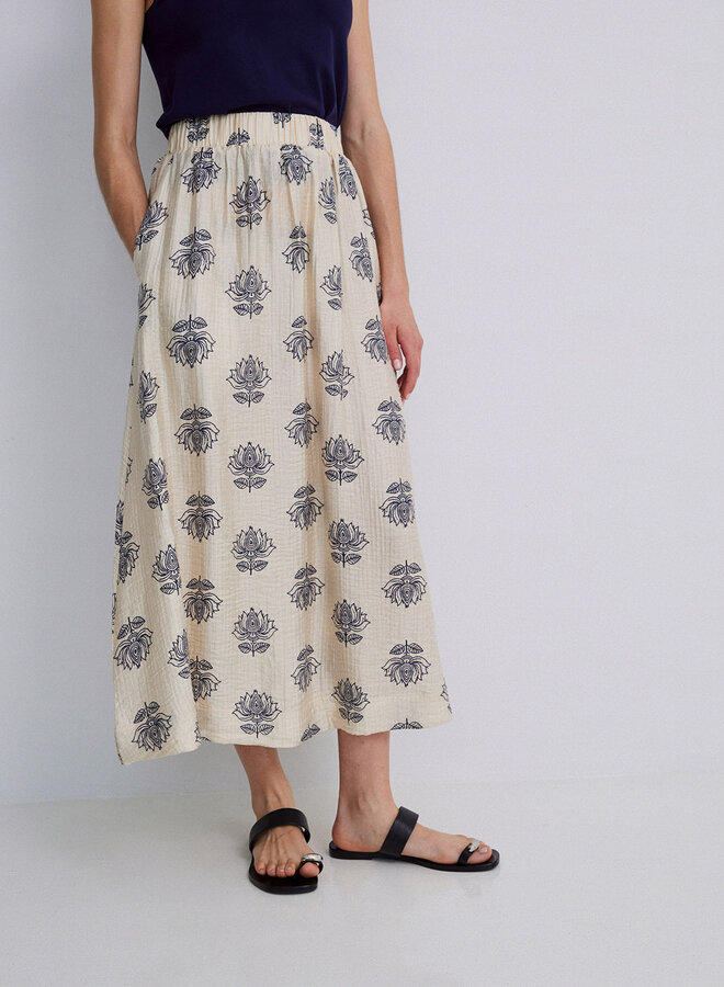 Jupe midi Yerse Danielle écrue fleurie bleu indigo