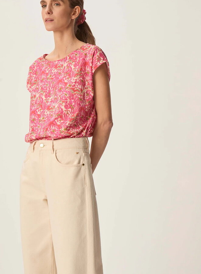 T-shirt Des Petits Hauts Kalabs fleuri rose bubble & vert basilic