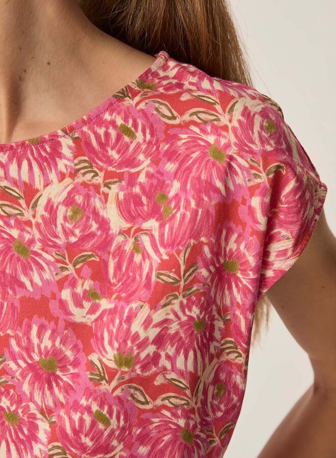 T-shirt Des Petits Hauts Kalabs fleuri rose bubble & vert basilic