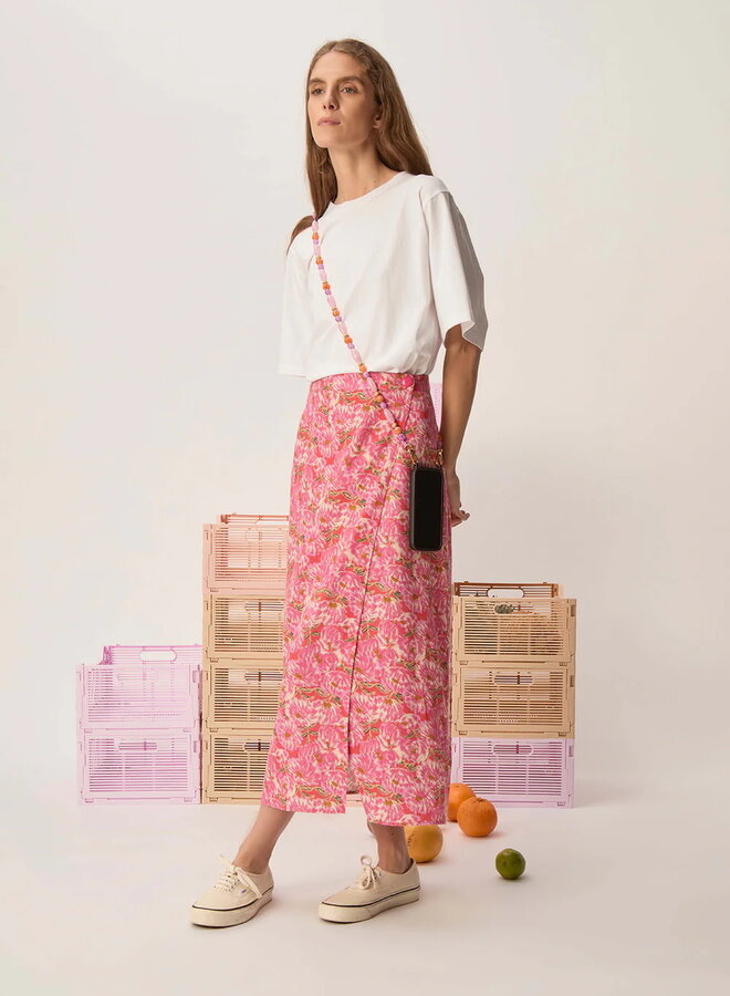 Jupe midi Des Petits Hauts Sibérie fleurie rose bubble & vert basilic