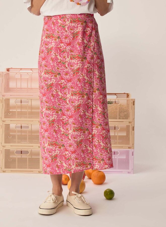 Jupe midi Des Petits Hauts Sibérie fleurie rose bubble & vert basilic