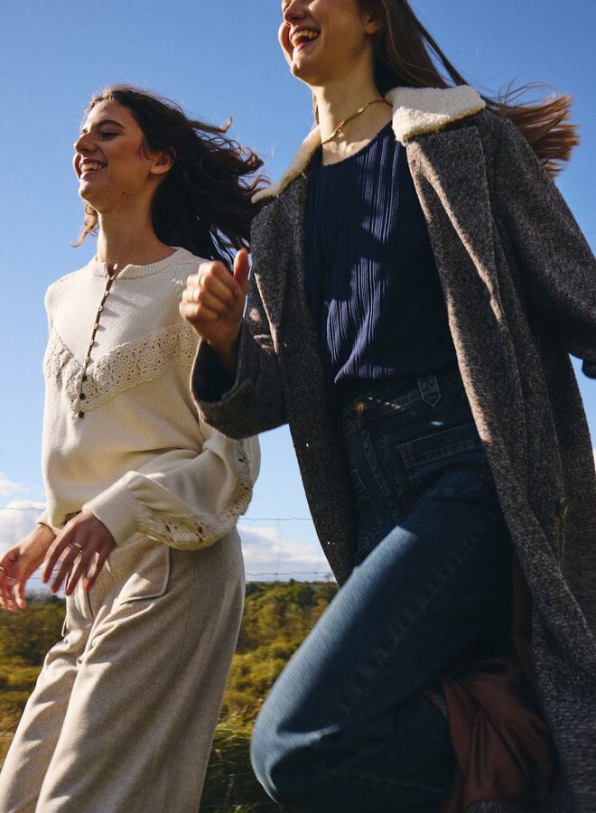 Manteau Atelier Rêve Aya en lainage brun avec col amovible
