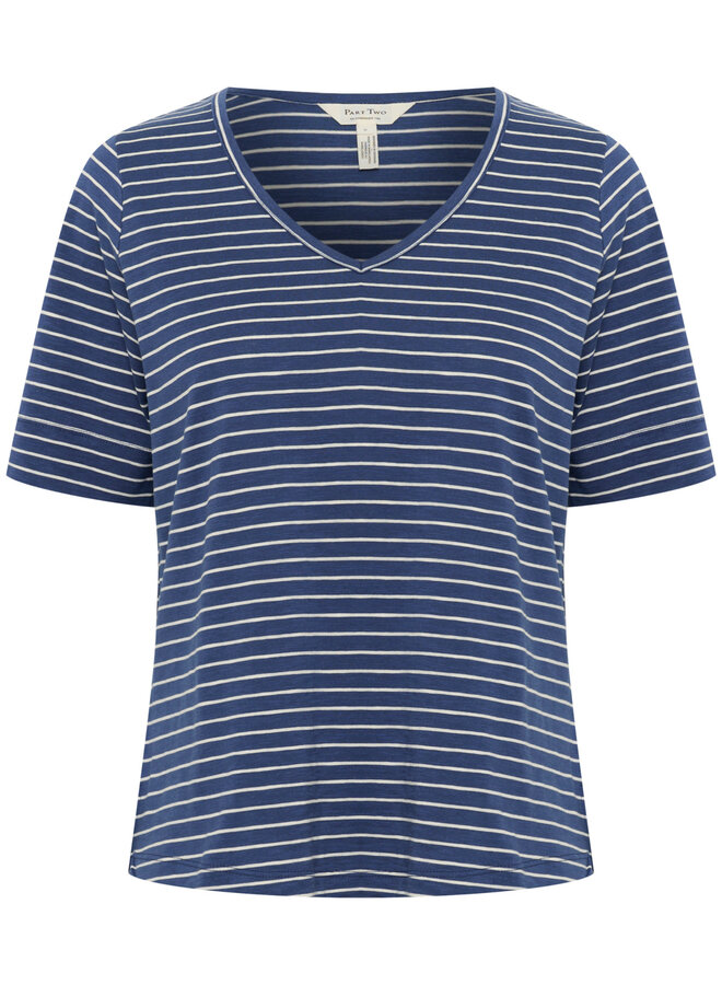 T-shirt Part Two Curlia à col V rayé bleu océan & blanc