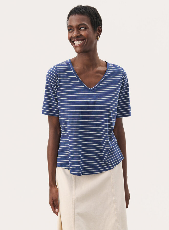 T-shirt Part Two Curlia à col V rayé bleu océan & blanc