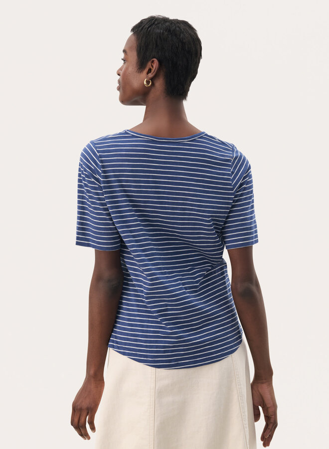 T-shirt Part Two Curlia à col V rayé bleu océan & blanc