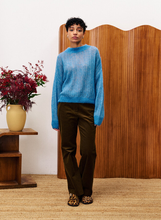 Tricot Frnch Paris Lys à maille ajouré bleu denim