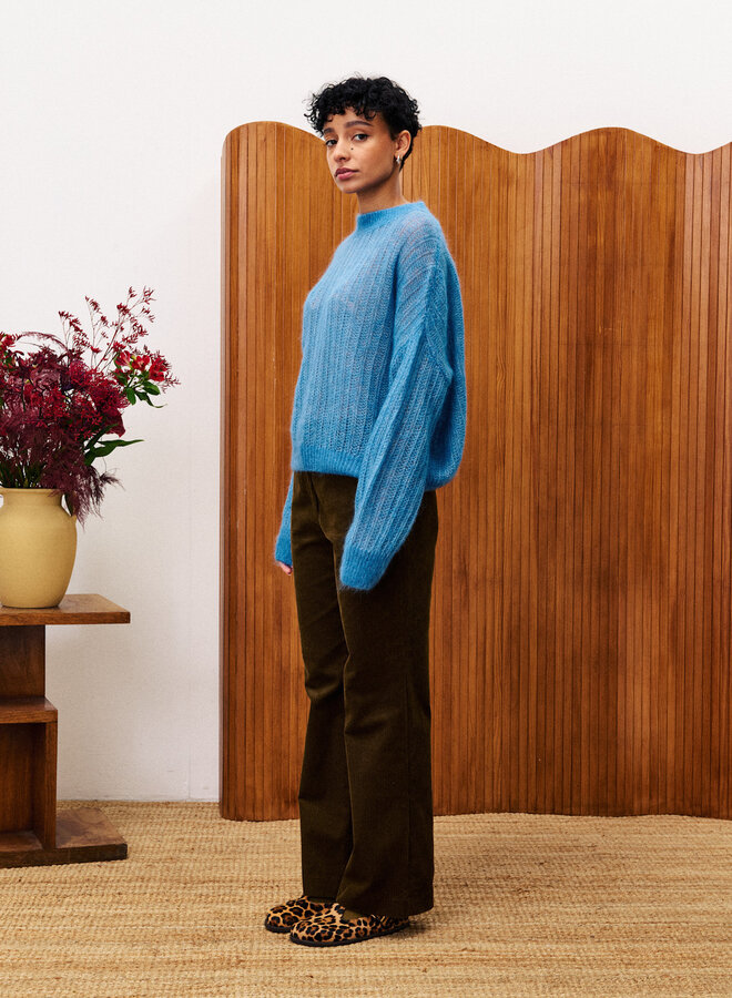 Tricot Frnch Paris Lys à maille ajouré bleu denim