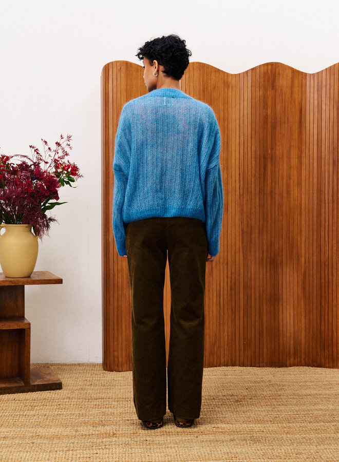 Tricot Frnch Paris Lys à maille ajouré bleu denim