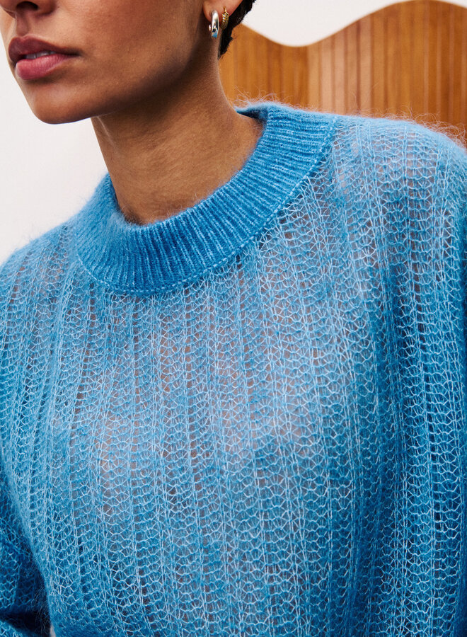 Tricot Frnch Paris Lys à maille ajouré bleu denim