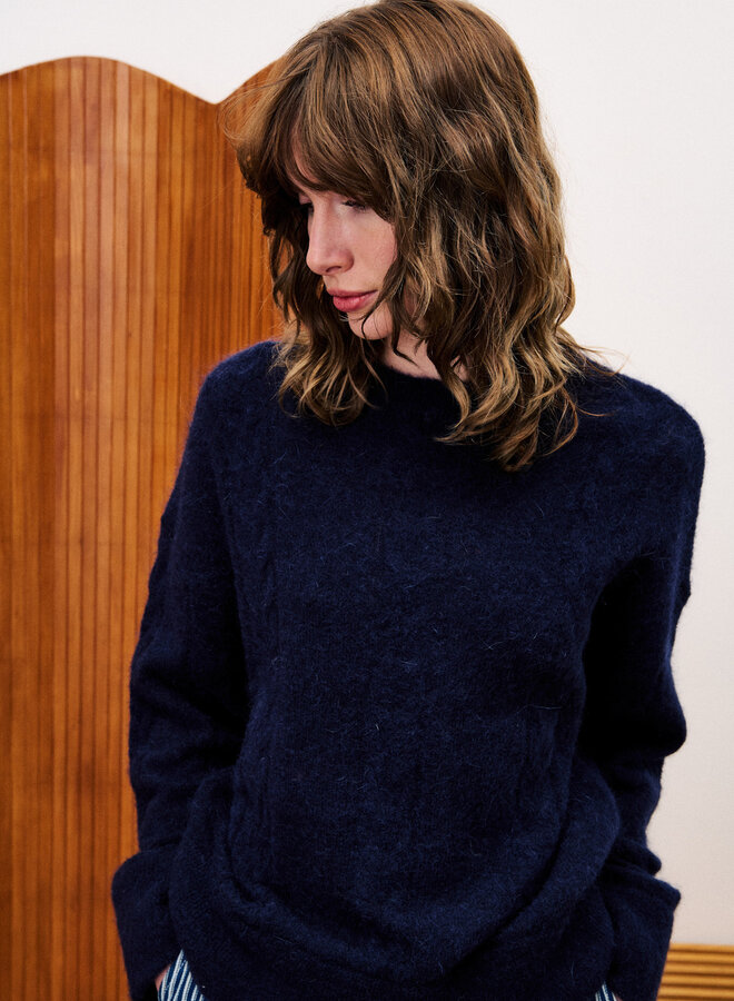 Tricot Frnch Paris Lys à maille ajouré bleu denim
