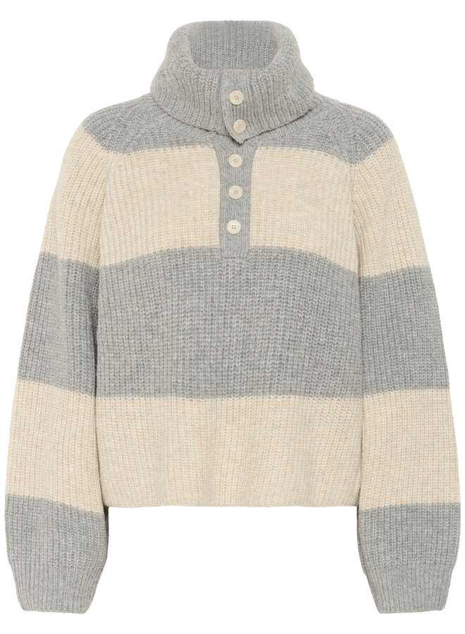 Tricot Part Two Simra à col montant boutonné rayé gris & beige