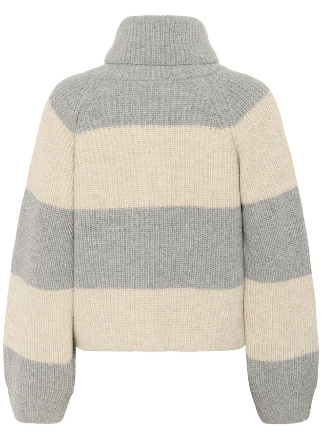 Tricot Part Two Simra à col montant boutonné rayé gris & beige