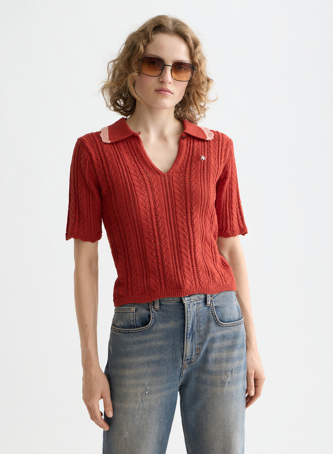 Polo Scotch & Soda en tricot crochet rouge ketchup