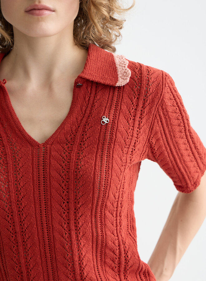 Polo Scotch & Soda en tricot crochet rouge ketchup
