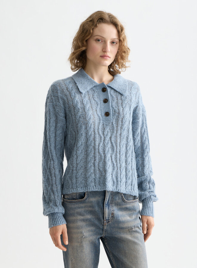 Tricot Scotch & Soda à col polo câblé bleu pâle
