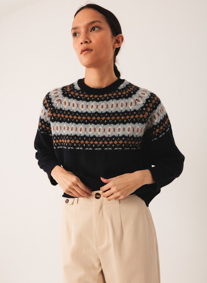 Tricot Indi & Cold norvégien bleu marine, bleu ciel & rouille