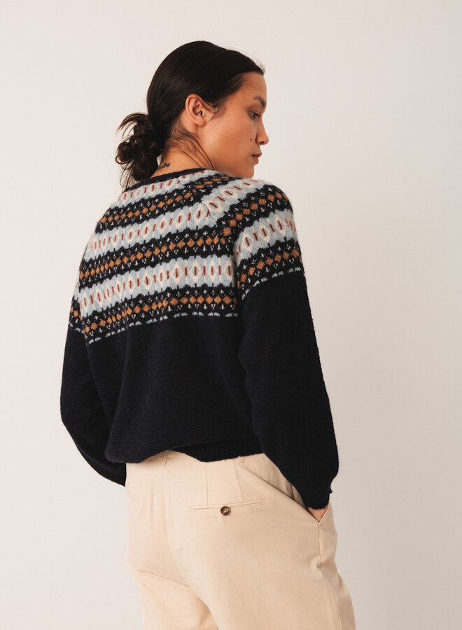 Tricot Indi & Cold norvégien bleu marine, bleu ciel & rouille