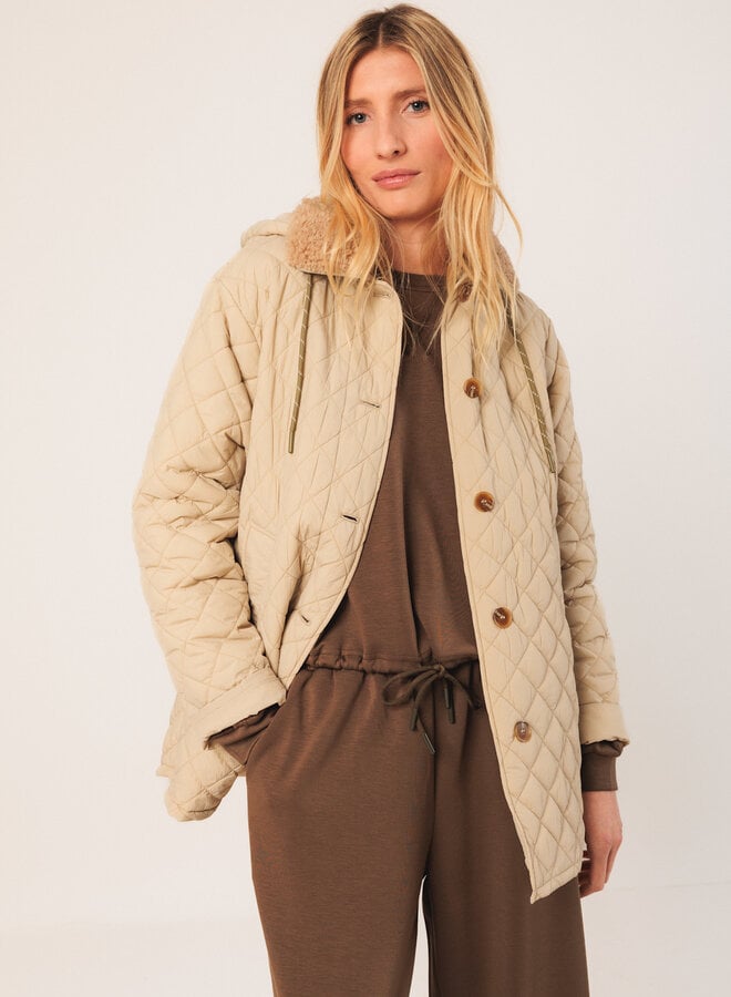 Manteau Indi & Cold matelassé avec col teddy & capuche crème