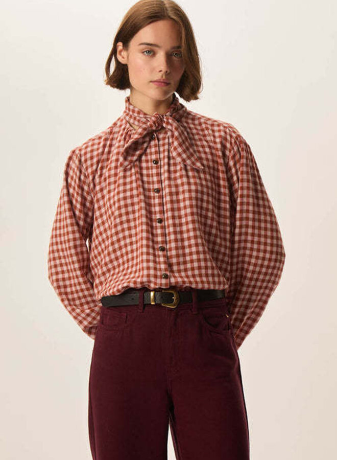 Blouse Des Petits Hauts Rainbow à carreaux brun renard & rose poudre