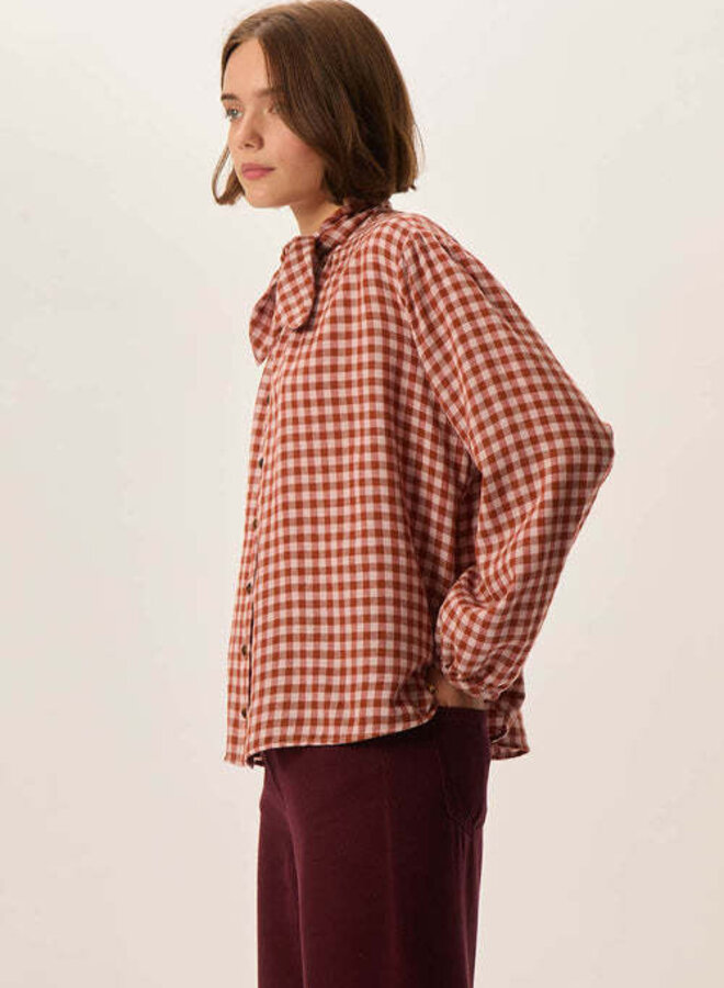 Blouse Des Petits Hauts Rainbow à carreaux brun renard & rose poudre