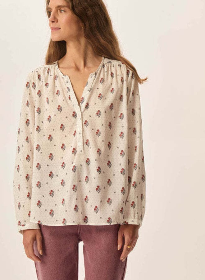 Blouse Des Petits Hauts Effy blanche fleurie brun renard