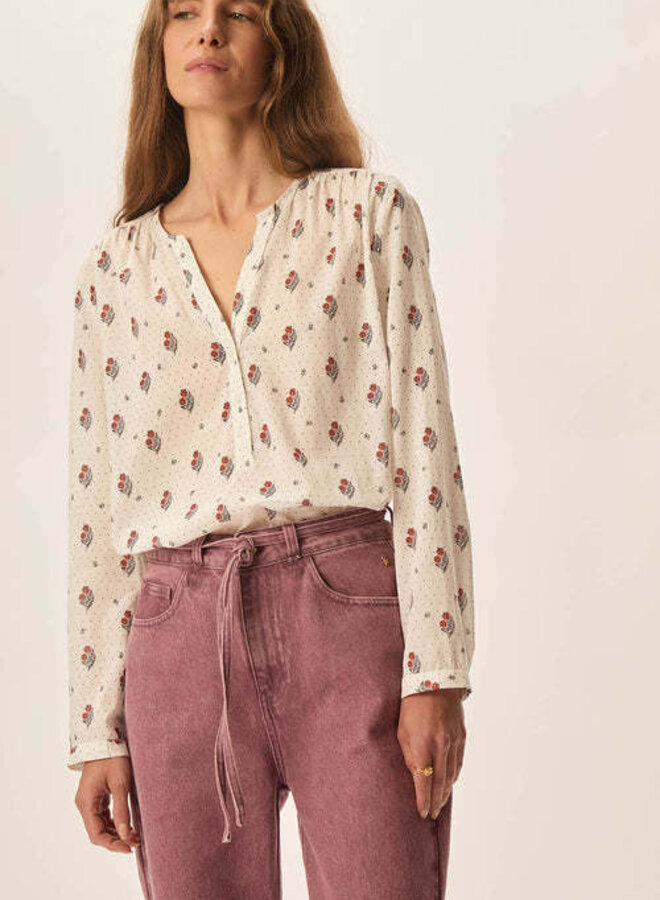 Blouse Des Petits Hauts Effy blanche fleurie brun renard