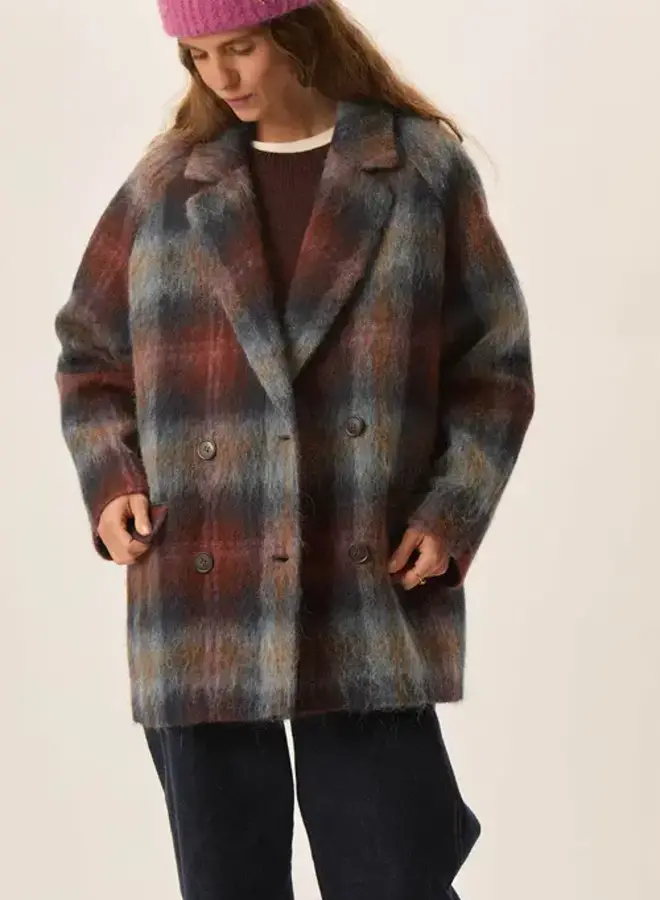 Manteau Des Petits Hauts Ybiza à carreaux bleu orage & brun renard