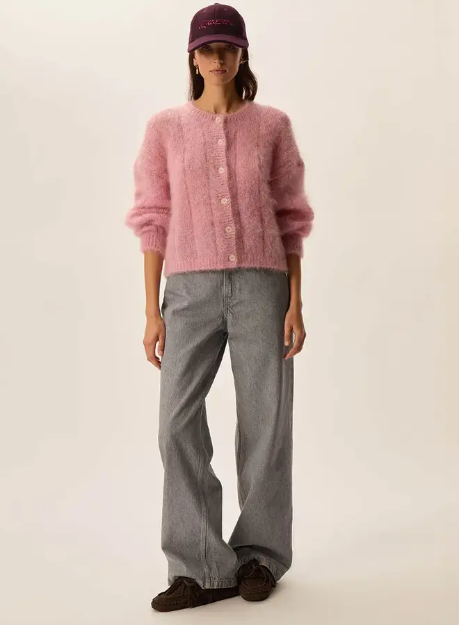 Cardigan Des Petits Hauts Chouette à col rond boutonné rose pommette