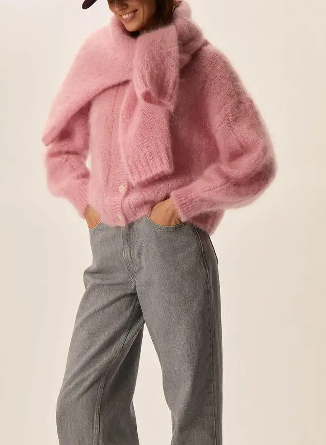 Cardigan Des Petits Hauts Chouette à col rond boutonné rose pommette