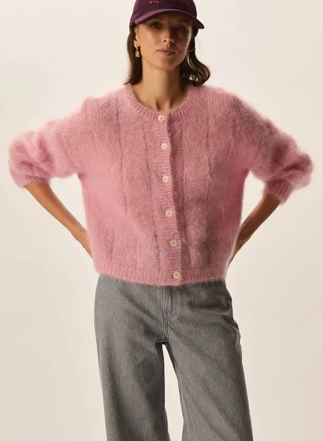 Cardigan Des Petits Hauts Chouette à col rond boutonné rose pommette