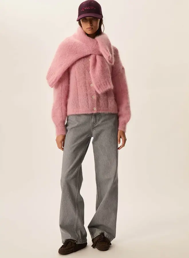 Cardigan Des Petits Hauts Chouette à col rond boutonné rose pommette