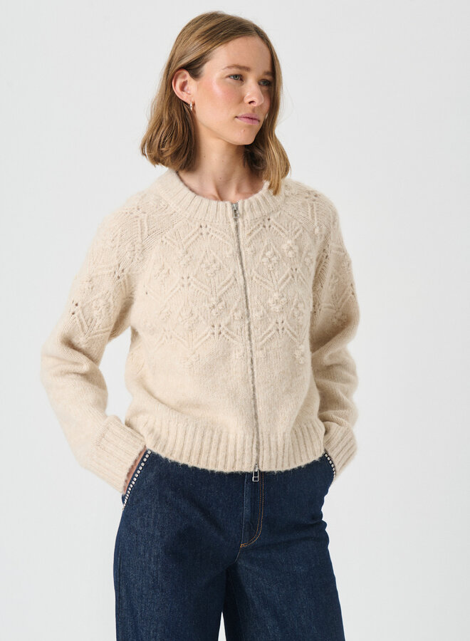Cardigan Part Two Vernie à col rond & zip beige chêne