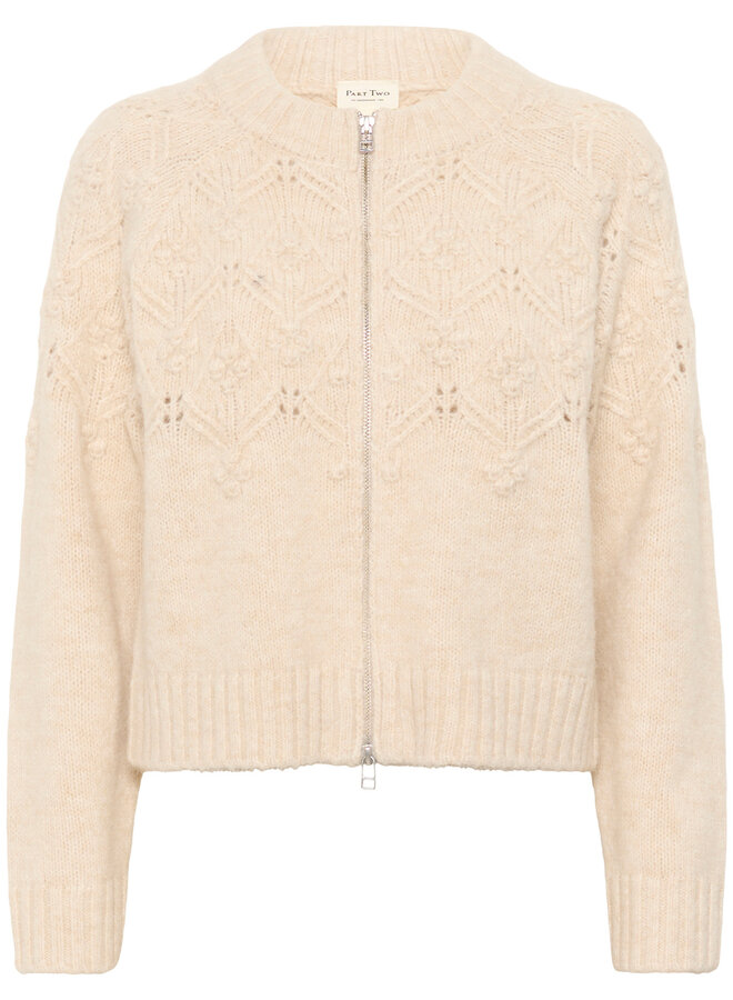 Cardigan Part Two Vernie à col rond & zip beige chêne
