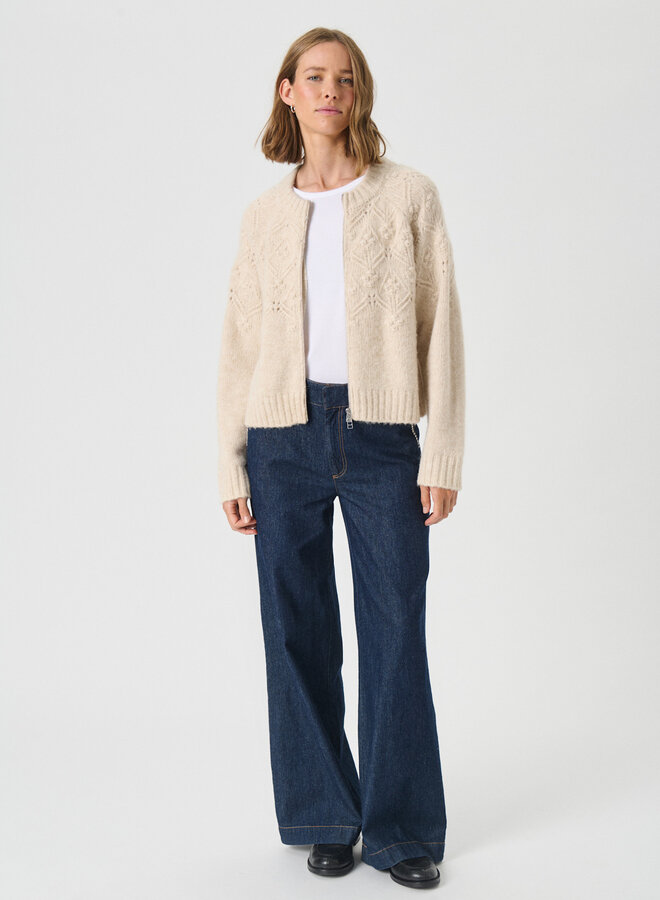 Cardigan Part Two Vernie à col rond & zip beige chêne