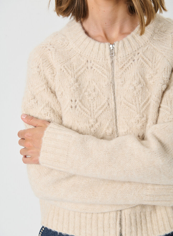 Cardigan Part Two Vernie à col rond & zip beige chêne