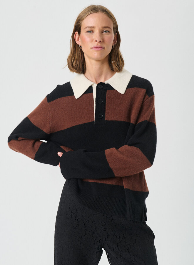 Tricot Part Two Vinkela à col polo rayé noir & brun tabac