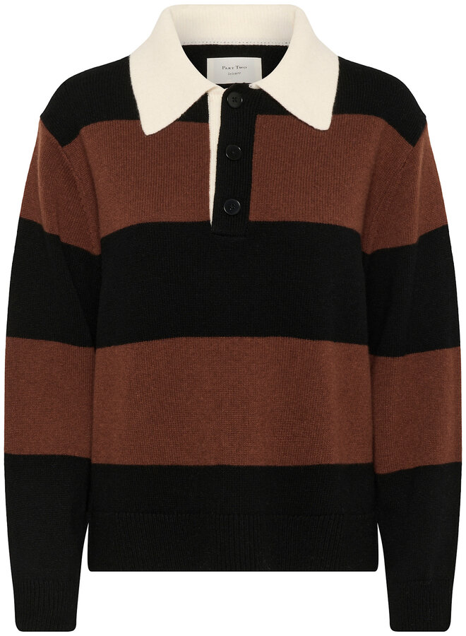 Tricot Part Two Vinkela à col polo rayé noir & brun tabac