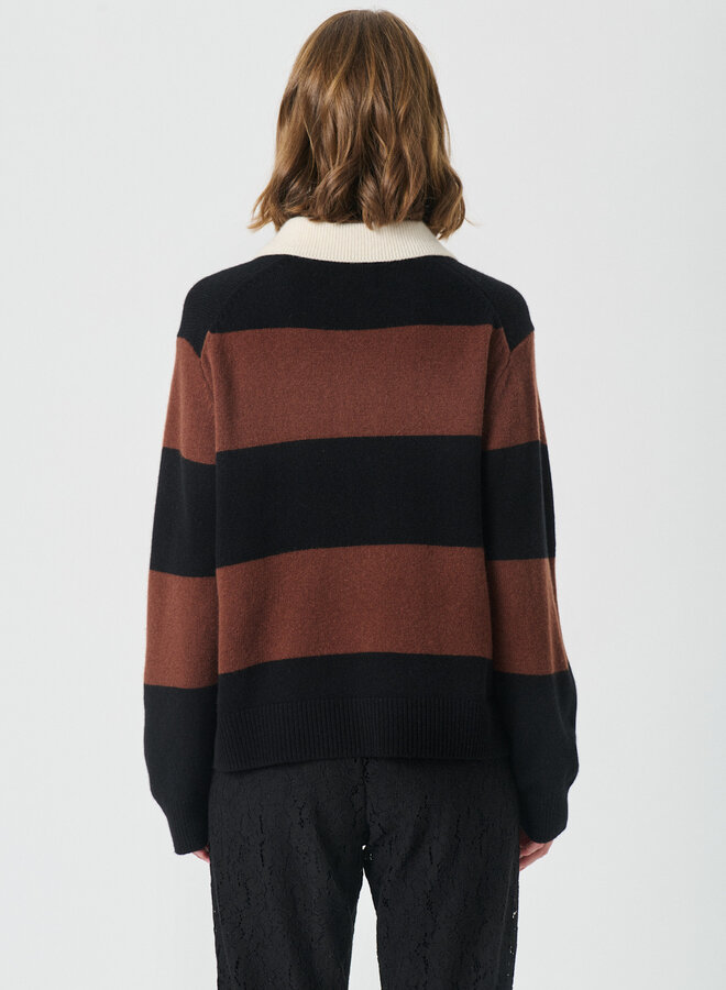 Tricot Part Two Vinkela à col polo rayé noir & brun tabac