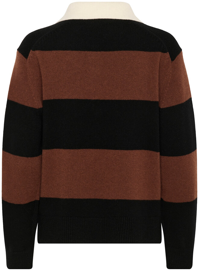 Tricot Part Two Vinkela à col polo rayé noir & brun tabac