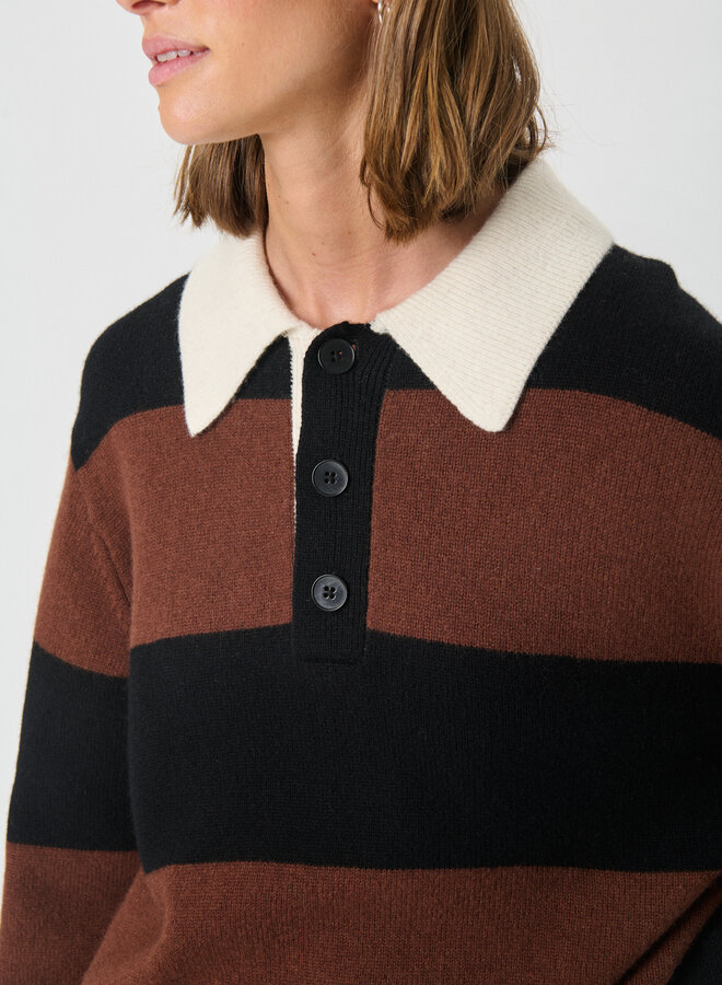 Tricot Part Two Vinkela à col polo rayé noir & brun tabac