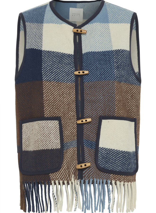 Veste Atelier Rêve Luna sans manches à franges & carreaux bleue multi