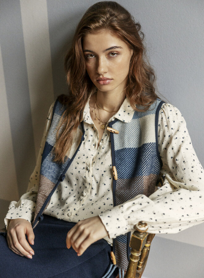 Veste Atelier Rêve Luna sans manches à franges & carreaux bleue multi