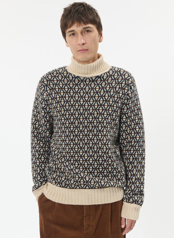 Tricot Matinique Roll Heritage à col montant tricoté bleu marine, écru & beige camel
