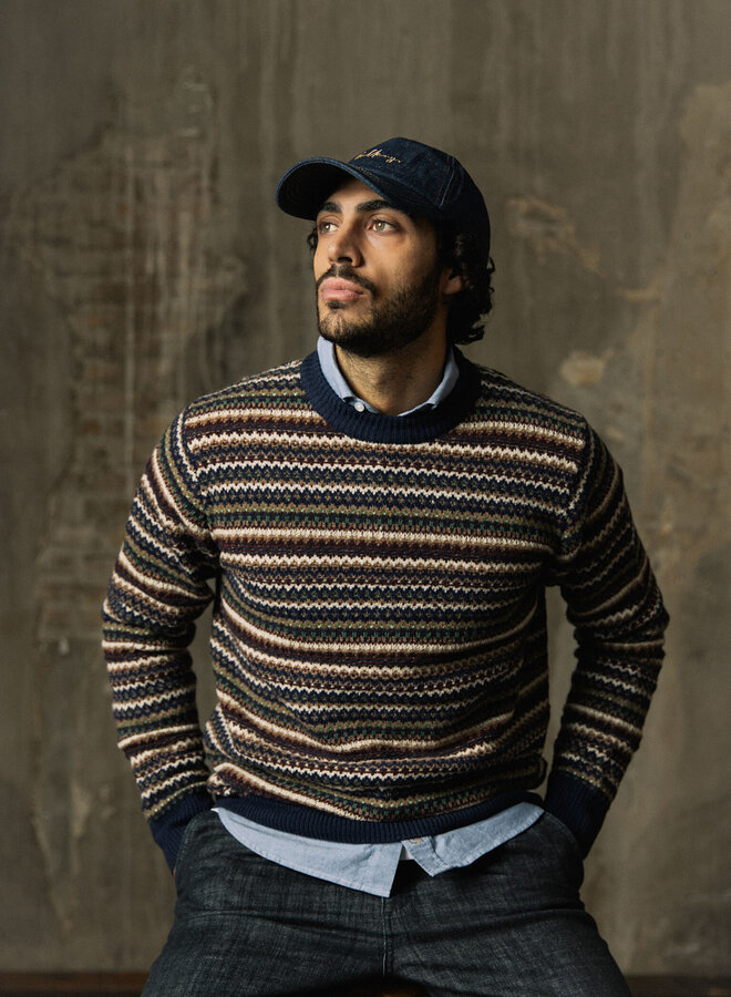 Tricot Mos Mosh Gallery Laporte tissé bleu marine, bordeaux & vert multi