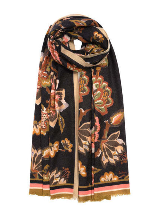 Foulard Echo noir fleuri brun renard, rose & vert