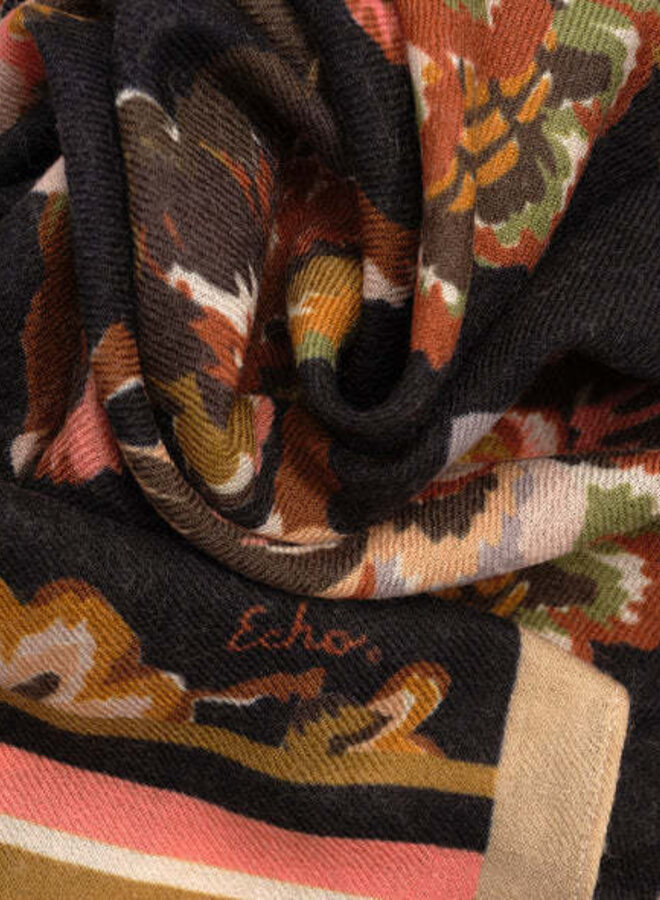 Foulard Echo noir fleuri brun renard, rose & vert