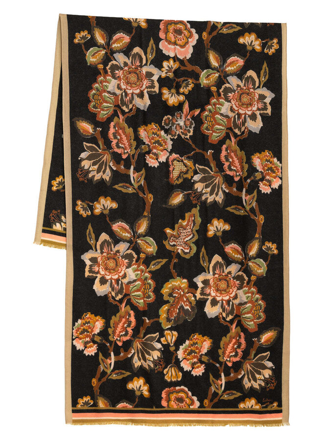 Foulard Echo noir fleuri brun renard, rose & vert