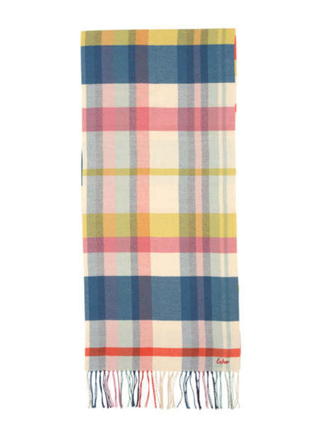 Foulard Echo à carreaux rose pommette, bleus & jaunes